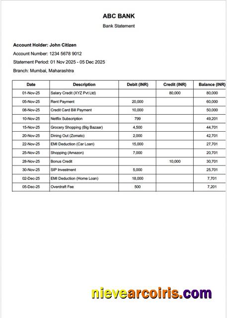 India ABC Bank statement Word and PDF